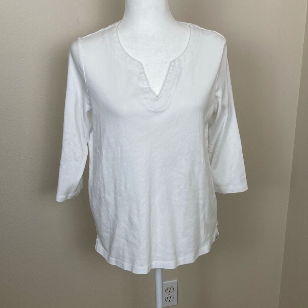 Orvis Classic Collection Womens White Split Neck 3/4 Sleeve Cotton Top Medium